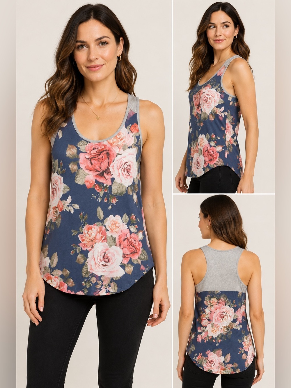 Avery Apparel Company Floral Rose Tank Top Navy Gray Size S M L XL Made USA